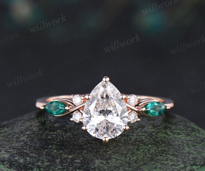 Pear lab IGI grown diamond ring set vintage seven stone ring trinity knot baguette emerald wedding Band 2pc bridal set