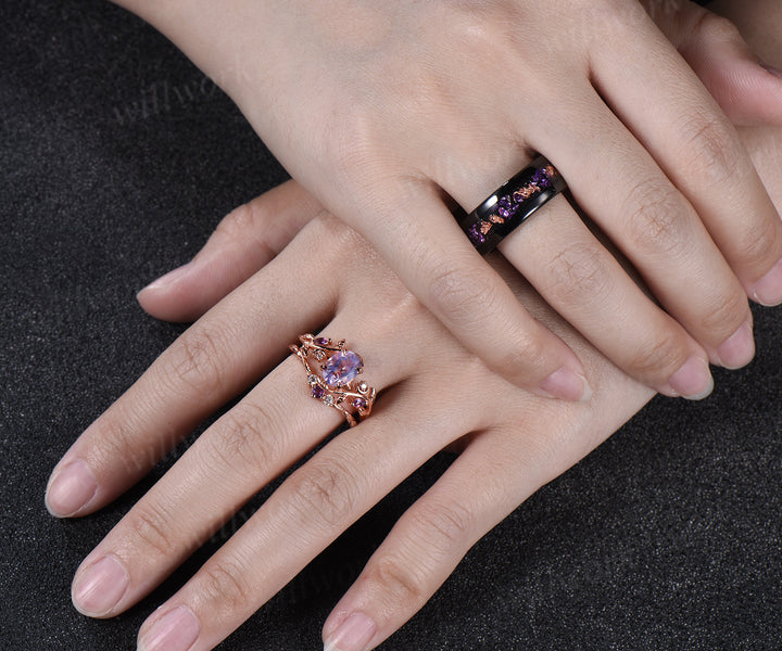 Unique Oval Lavender Amethsyt Moon Leaf Bridal Set & Tungsten Amethyst Men Wedding Band Enchanting Couple Ring Set