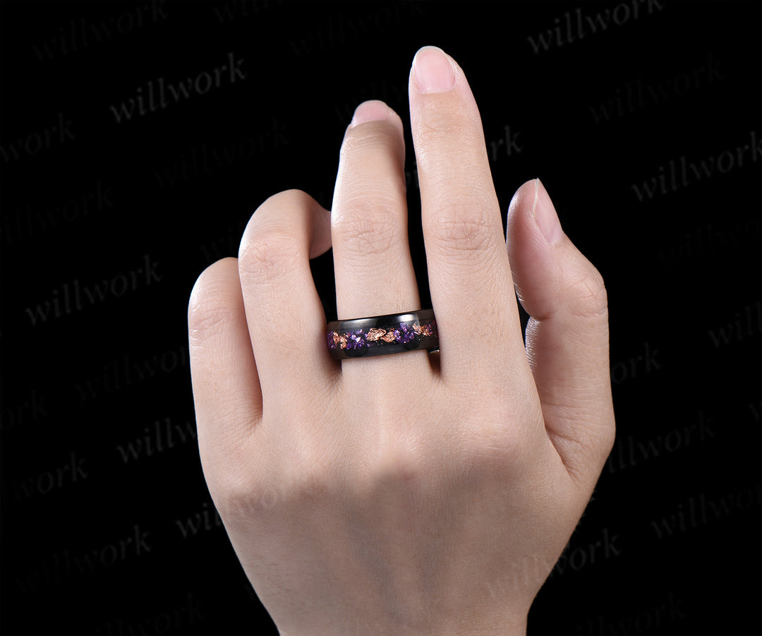 Unique Oval Lavender Amethsyt Moon Leaf Bridal Set & Tungsten Amethyst Men Wedding Band Enchanting Couple Ring Set