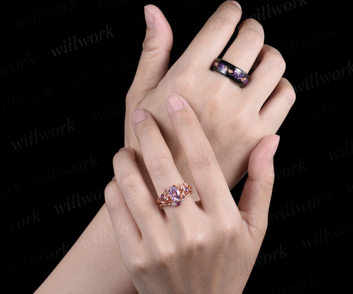 Unique Oval Lavender Amethsyt Moon Leaf Bridal Set & Tungsten Amethyst Men Wedding Band Enchanting Couple Ring Set