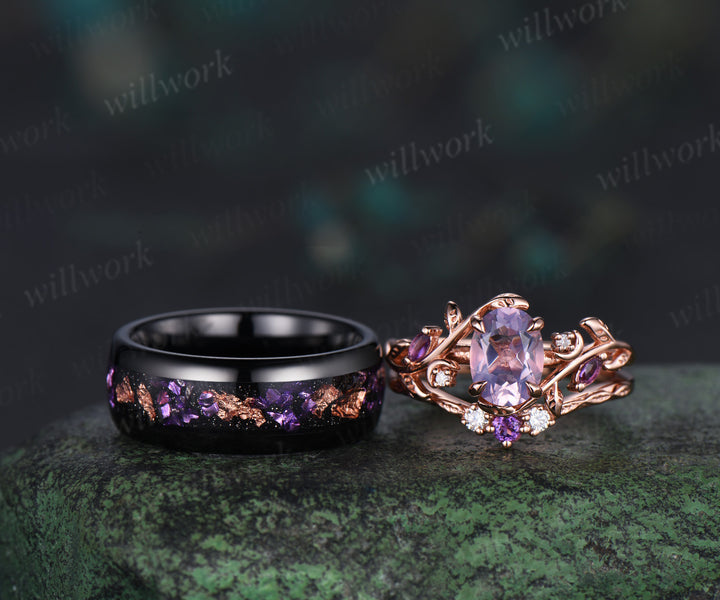 Unique Oval Lavender Amethsyt Moon Leaf Bridal Set & Tungsten Amethyst Men Wedding Band Enchanting Couple Ring Set