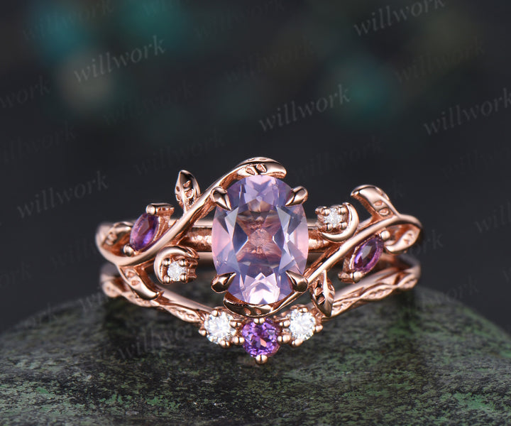 Unique Oval Lavender Amethsyt Moon Leaf Bridal Set & Tungsten Amethyst Men Wedding Band Enchanting Couple Ring Set