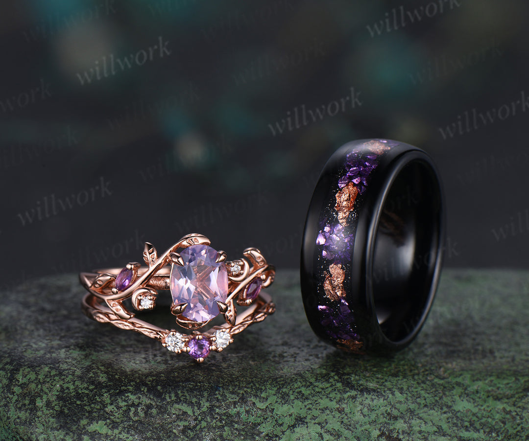 Unique Oval Lavender Amethsyt Moon Leaf Bridal Set & Tungsten Amethyst Men Wedding Band Enchanting Couple Ring Set