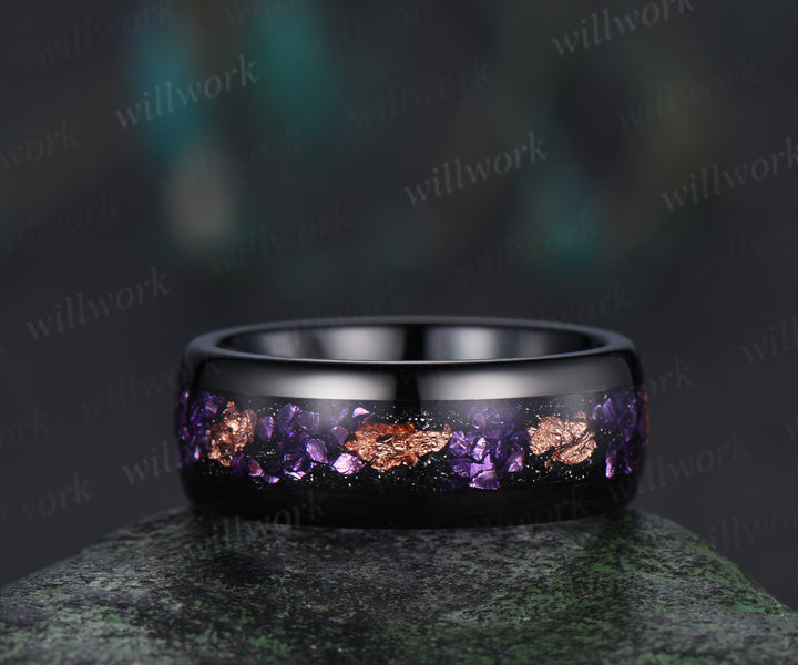Unique Oval Lavender Amethsyt Moon Leaf Bridal Set & Tungsten Amethyst Men Wedding Band Enchanting Couple Ring Set