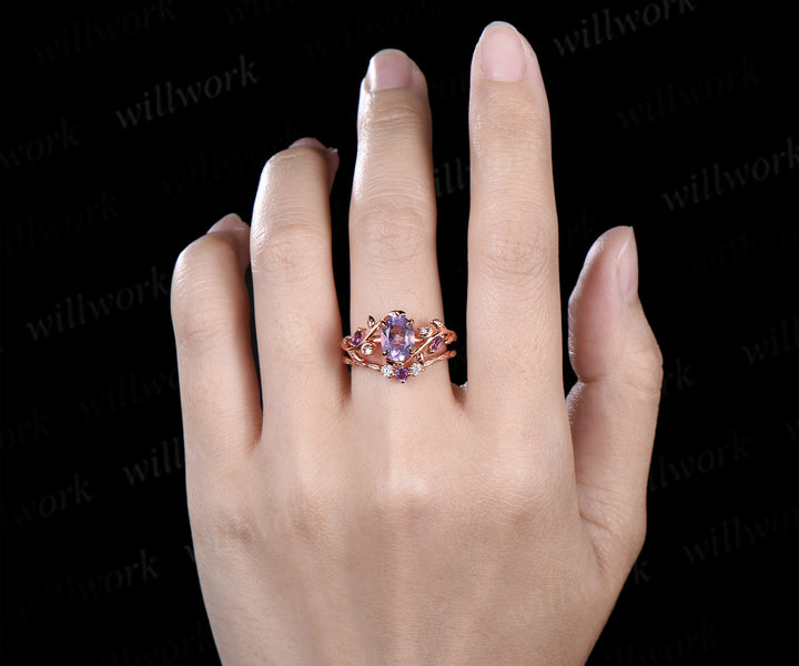 Unique Oval Lavender Amethsyt Moon Leaf Bridal Set & Tungsten Amethyst Men Wedding Band Enchanting Couple Ring Set