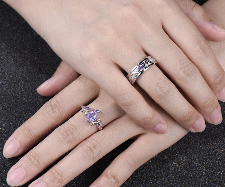 Unique Pear Cut Lavender Amethyst Moon Leaf Ring & Twig Engraved Men Band Nature Inspired His and Her Couple Rings