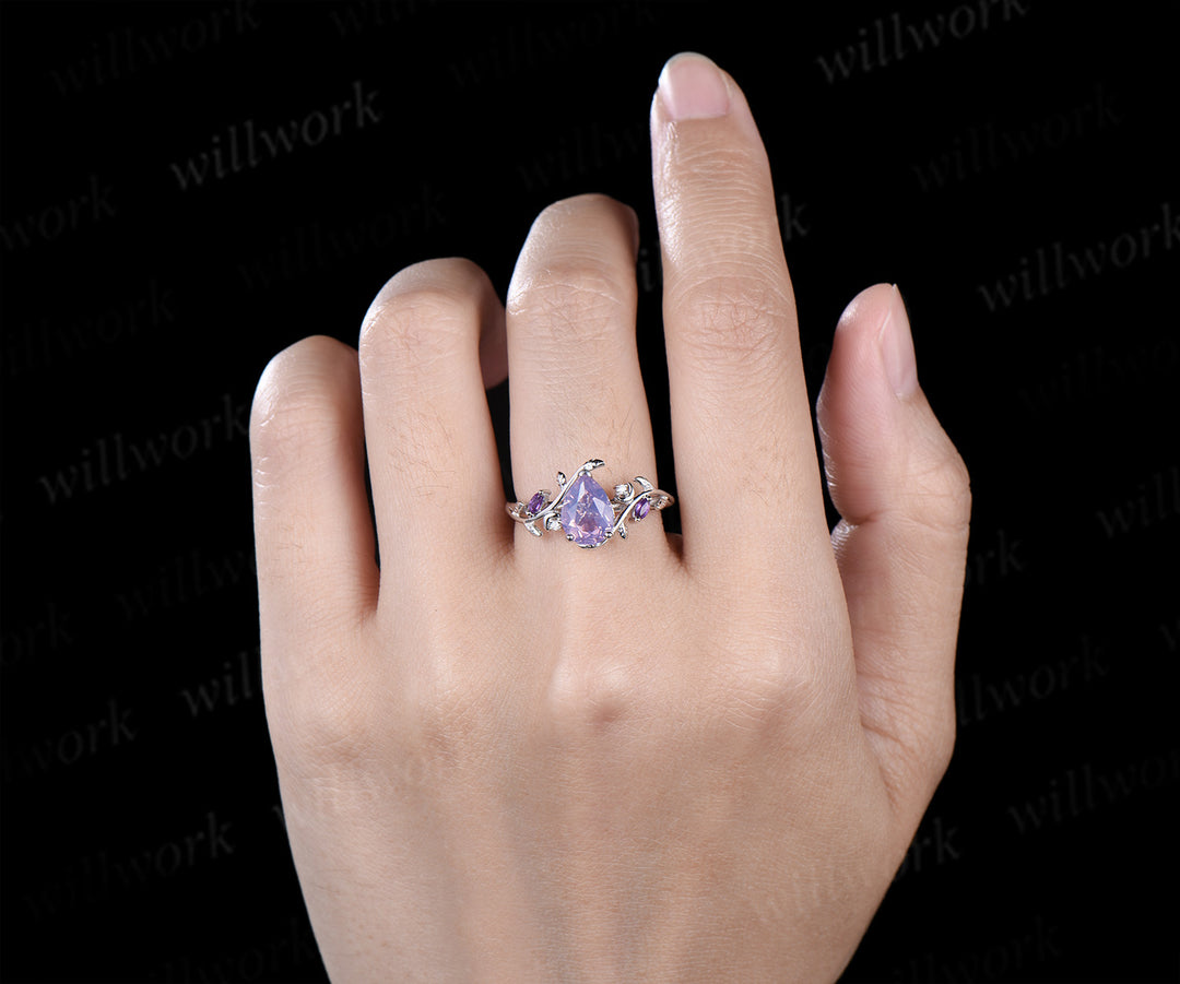Unique Pear Cut Lavender Amethyst Moon Leaf Ring & Twig Engraved Men Band Nature Inspired His and Her Couple Rings