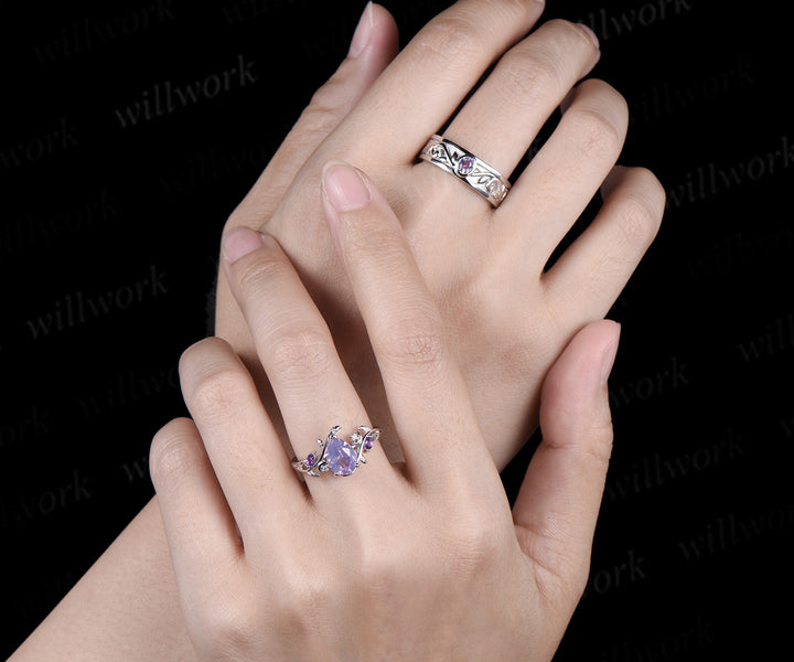 Unique Pear Cut Lavender Amethyst Moon Leaf Ring & Twig Engraved Men Band Nature Inspired His and Her Couple Rings