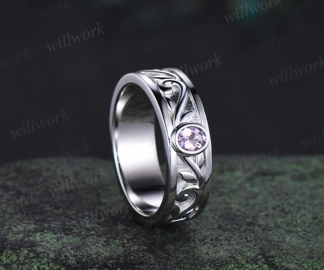 Oval lavender amethyst mens wedding band 6mm solitaire amethyst white gold leaf branch engraved bezel ring gifts for him