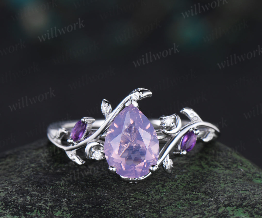 Unique Pear Cut Lavender Amethyst Moon Leaf Ring & Twig Engraved Men Band Nature Inspired His and Her Couple Rings