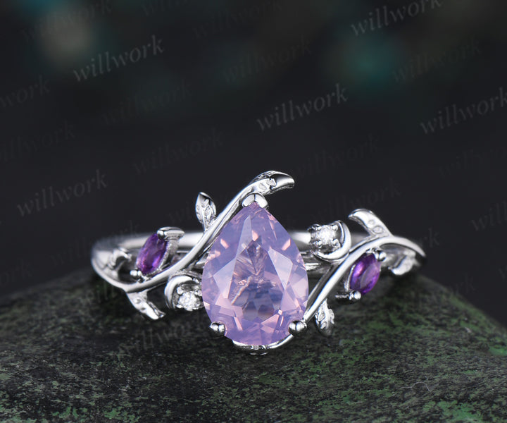 Unique Pear Cut Lavender Amethyst Moon Leaf Ring & Twig Engraved Men Band Nature Inspired His and Her Couple Rings