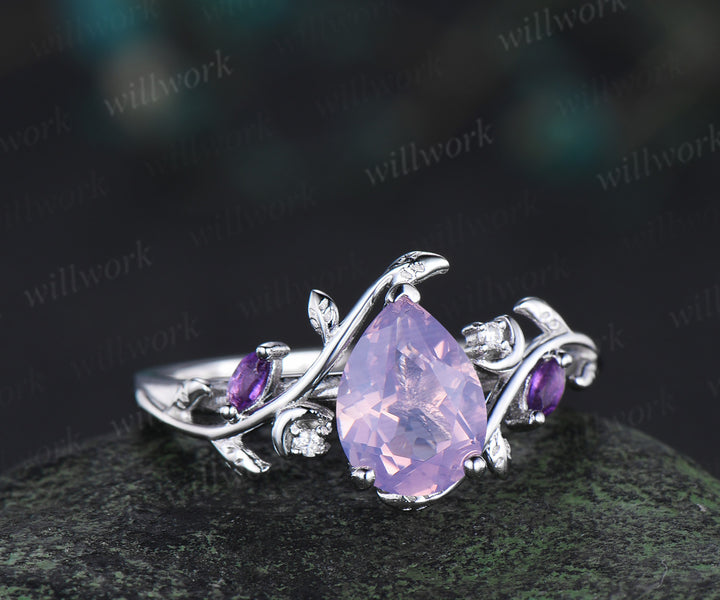 Unique Pear Cut Lavender Amethyst Moon Leaf Ring & Twig Engraved Men Band Nature Inspired His and Her Couple Rings
