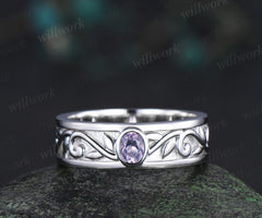 Oval lavender amethyst mens wedding band 6mm solitaire amethyst white gold leaf branch engraved bezel ring gifts for him