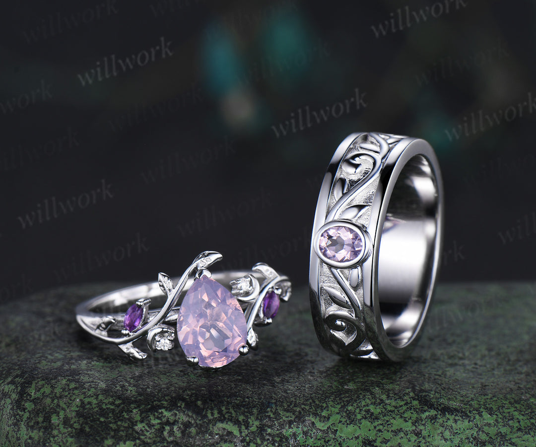 Unique Pear Cut Lavender Amethyst Moon Leaf Ring & Twig Engraved Men Band Nature Inspired His and Her Couple Rings