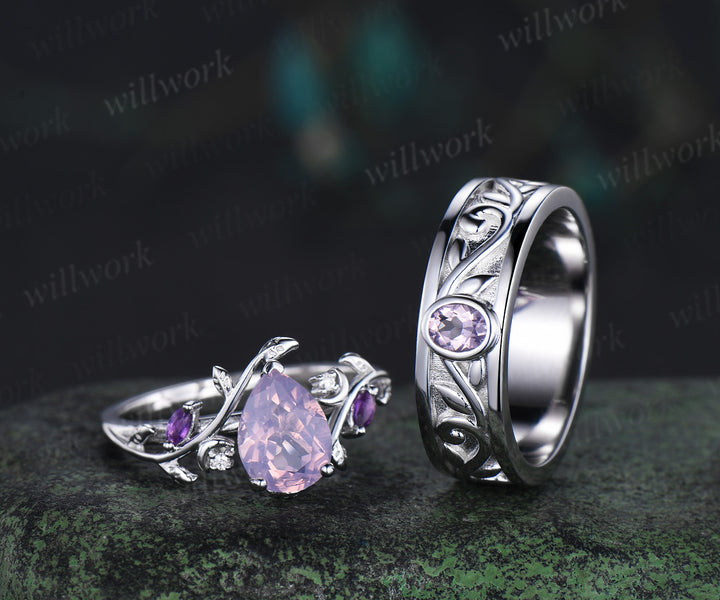 Unique Pear Cut Lavender Amethyst Moon Leaf Ring & Twig Engraved Men Band Nature Inspired His and Her Couple Rings