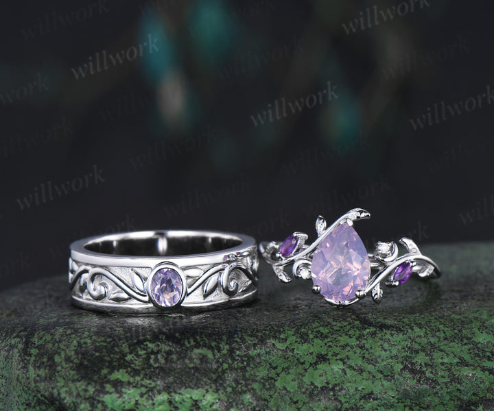 Unique Pear Cut Lavender Amethyst Moon Leaf Ring & Twig Engraved Men Band Nature Inspired His and Her Couple Rings