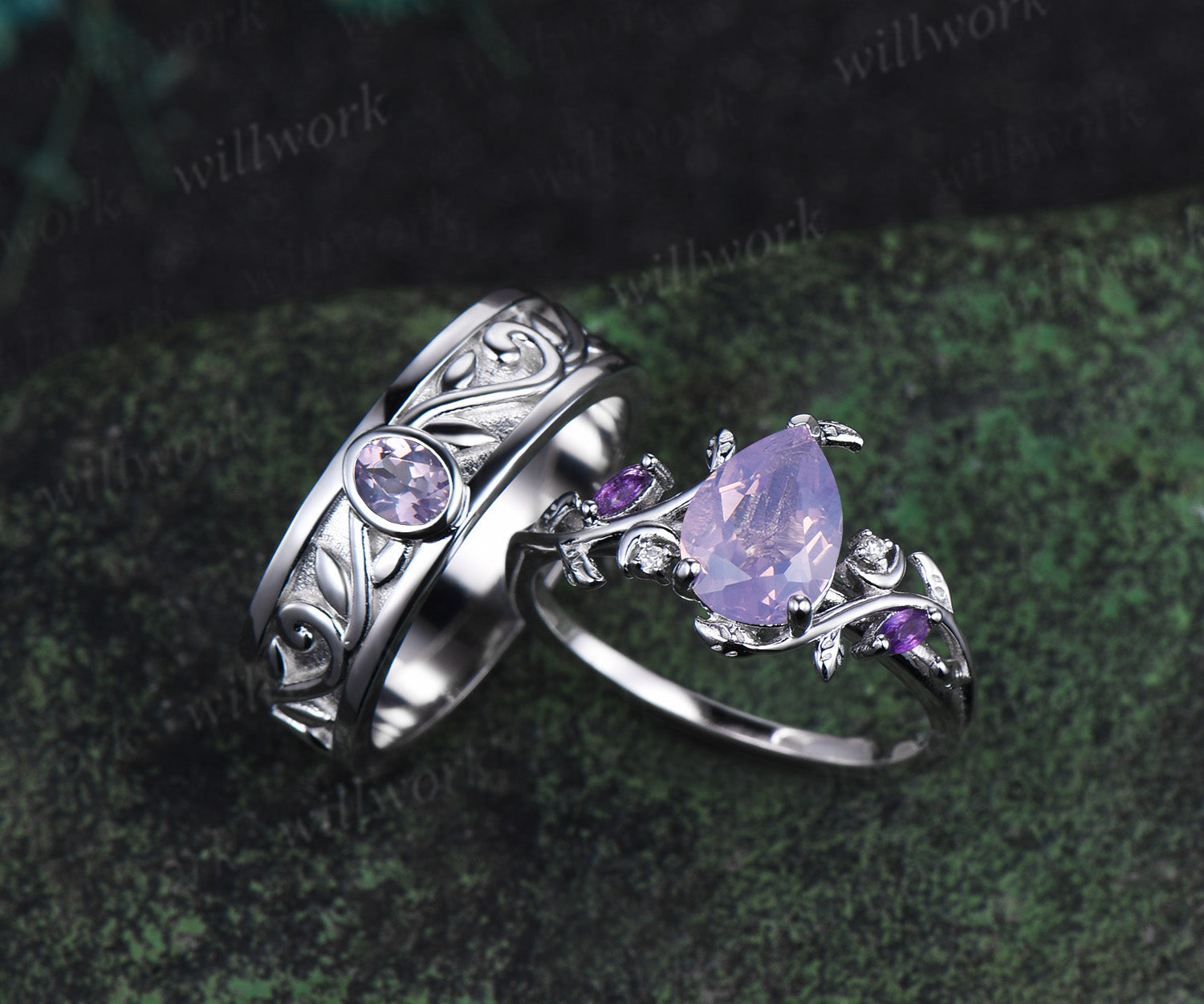 Unique Pear Cut Lavender Amethyst Moon Leaf Ring & Twig Engraved