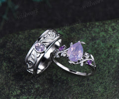 Unique Pear Cut Lavender Amethyst Moon Leaf Ring & Twig Engraved Men Band Nature Inspired His and Her Couple Rings