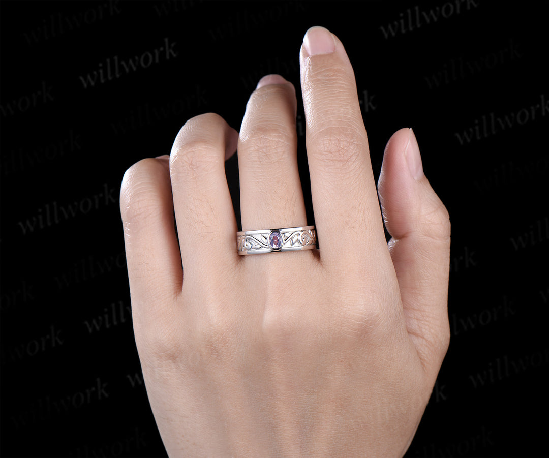 Unique Pear Cut Lavender Amethyst Moon Leaf Ring & Twig Engraved Men Band Nature Inspired His and Her Couple Rings