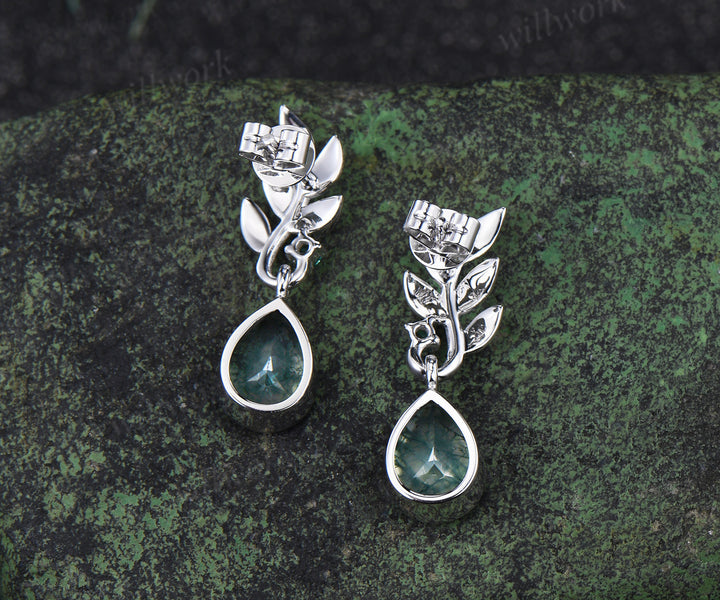 Pear natural moss agate earrings necklace jewelry set nature inspired bezel moss agate leaf emerald pendant & earrings wedding jewelry gifts