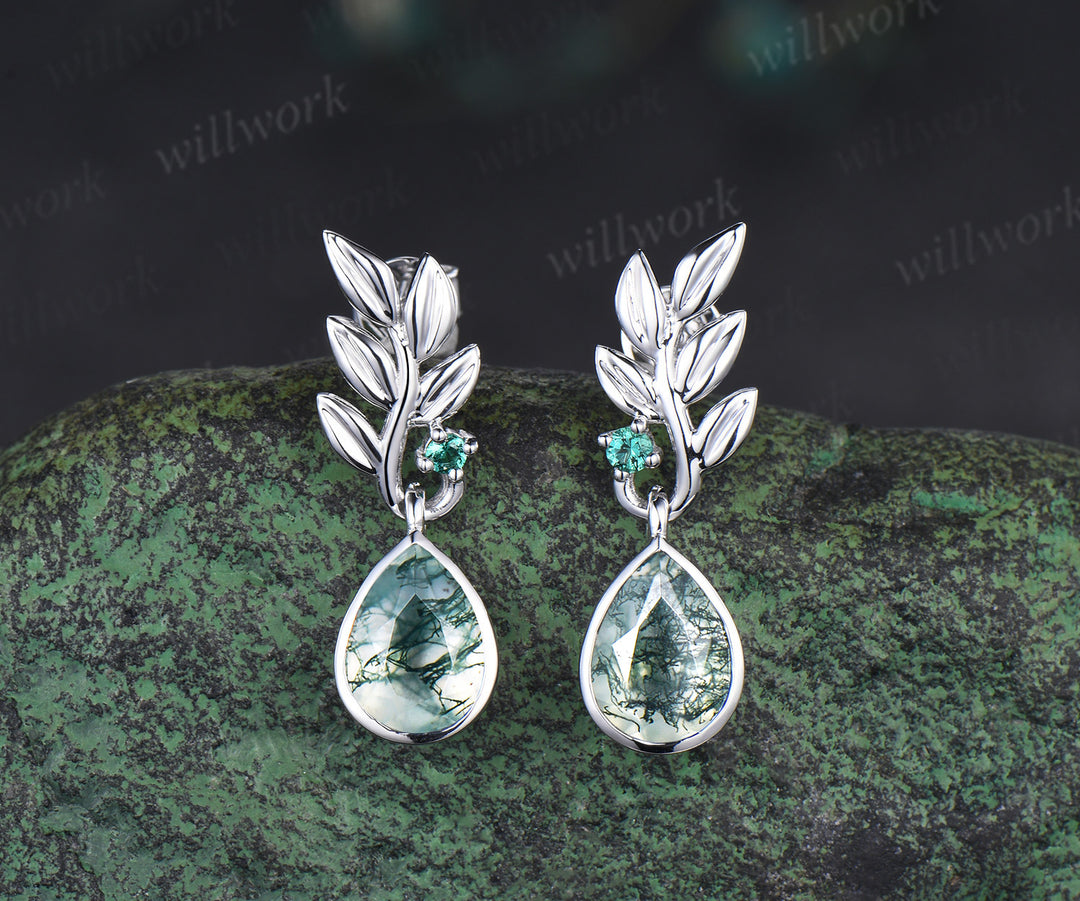 Pear natural moss agate earrings necklace jewelry set nature inspired bezel moss agate leaf emerald pendant & earrings wedding jewelry gifts