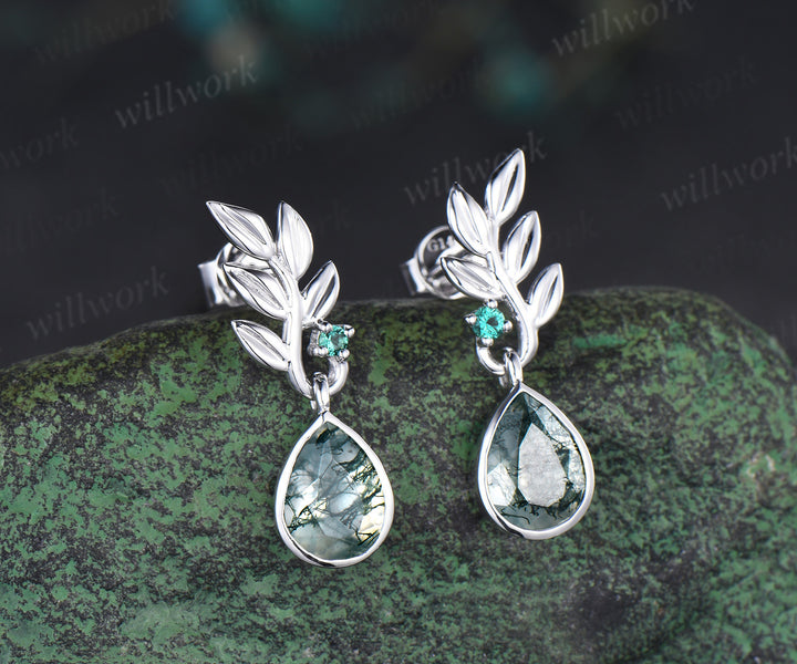 Pear natural moss agate earrings necklace jewelry set nature inspired bezel moss agate leaf emerald pendant & earrings wedding jewelry gifts