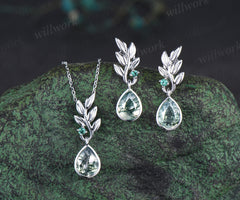 Pear natural moss agate earrings necklace jewelry set nature inspired bezel moss agate leaf emerald pendant & earrings wedding jewelry gifts