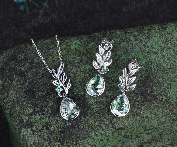 Pear natural moss agate earrings necklace jewelry set nature inspired bezel moss agate leaf emerald pendant & earrings wedding jewelry gifts