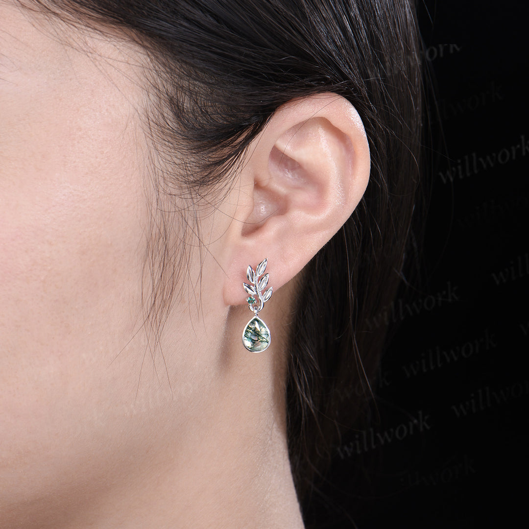 Pear natural moss agate earrings necklace jewelry set nature inspired bezel moss agate leaf emerald pendant & earrings wedding jewelry gifts