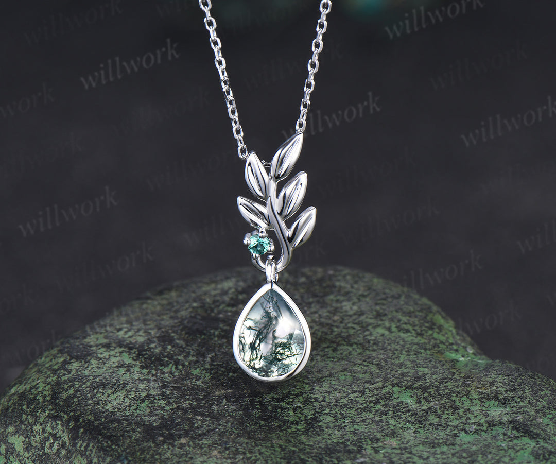 Pear natural moss agate earrings necklace jewelry set nature inspired bezel moss agate leaf emerald pendant & earrings wedding jewelry gifts