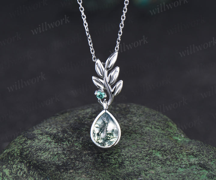 Pear natural moss agate earrings necklace jewelry set nature inspired bezel moss agate leaf emerald pendant & earrings wedding jewelry gifts