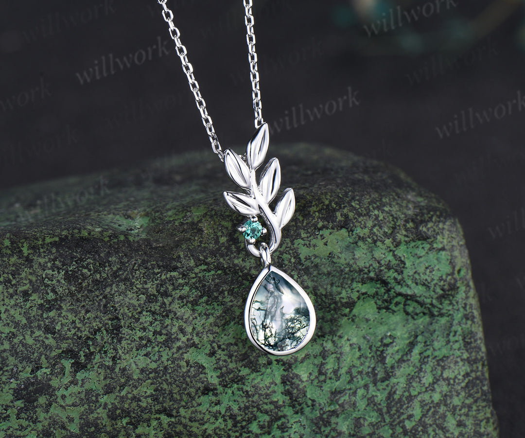 Pear natural moss agate earrings necklace jewelry set nature inspired bezel moss agate leaf emerald pendant & earrings wedding jewelry gifts