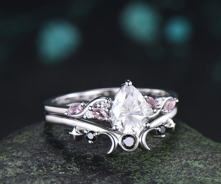 Teardrop Moissanite Engagement Ring Set Pink Morganite Cluster Ring Moon Star Black Spinl Wedding Band Pear Moissanite Bridal Set