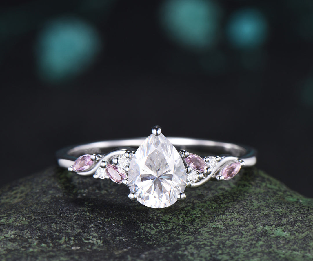 Teardrop Moissanite Engagement Ring Set Pink Morganite Cluster Ring Moon Star Black Spinl Wedding Band Pear Moissanite Bridal Set
