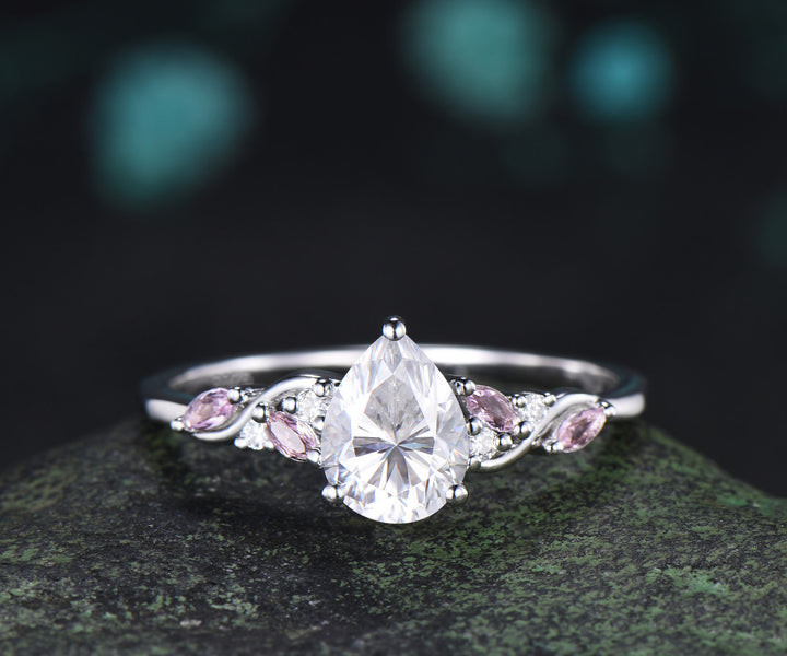 Teardrop Moissanite Engagement Ring Set Pink Morganite Cluster Ring Moon Star Black Spinl Wedding Band Pear Moissanite Bridal Set