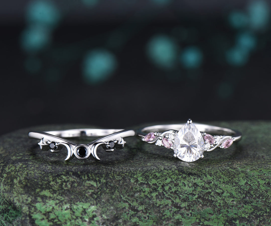 Teardrop Moissanite Engagement Ring Set Pink Morganite Cluster Ring Moon Star Black Spinl Wedding Band Pear Moissanite Bridal Set