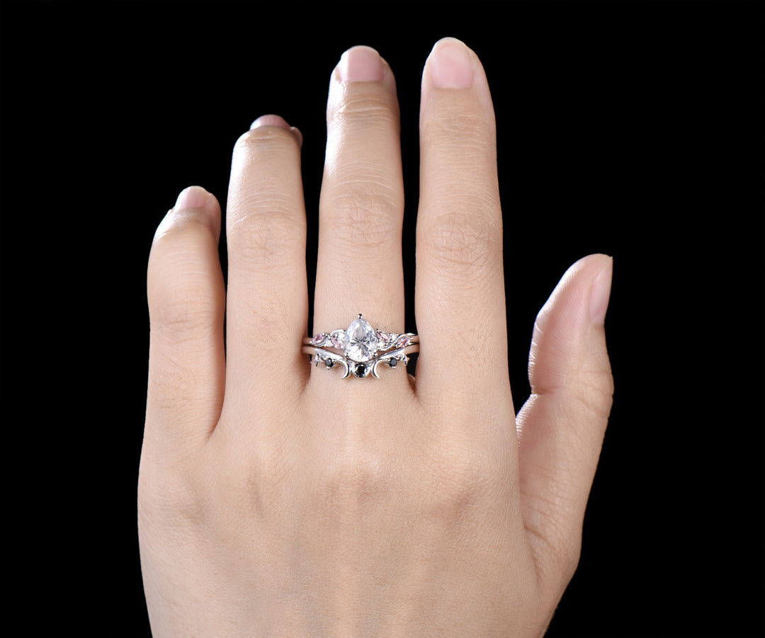 Teardrop Moissanite Engagement Ring Set Pink Morganite Cluster Ring Moon Star Black Spinl Wedding Band Pear Moissanite Bridal Set