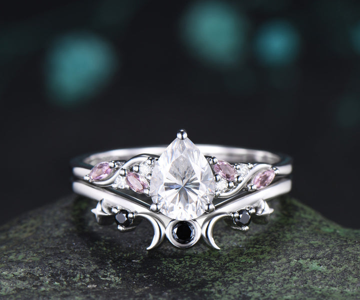 Teardrop Moissanite Engagement Ring Set Pink Morganite Cluster Ring Moon Star Black Spinl Wedding Band Pear Moissanite Bridal Set