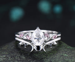 Teardrop Moissanite Engagement Ring Set Pink Morganite Cluster Ring Moon Star Black Spinl Wedding Band Pear Moissanite Bridal Set