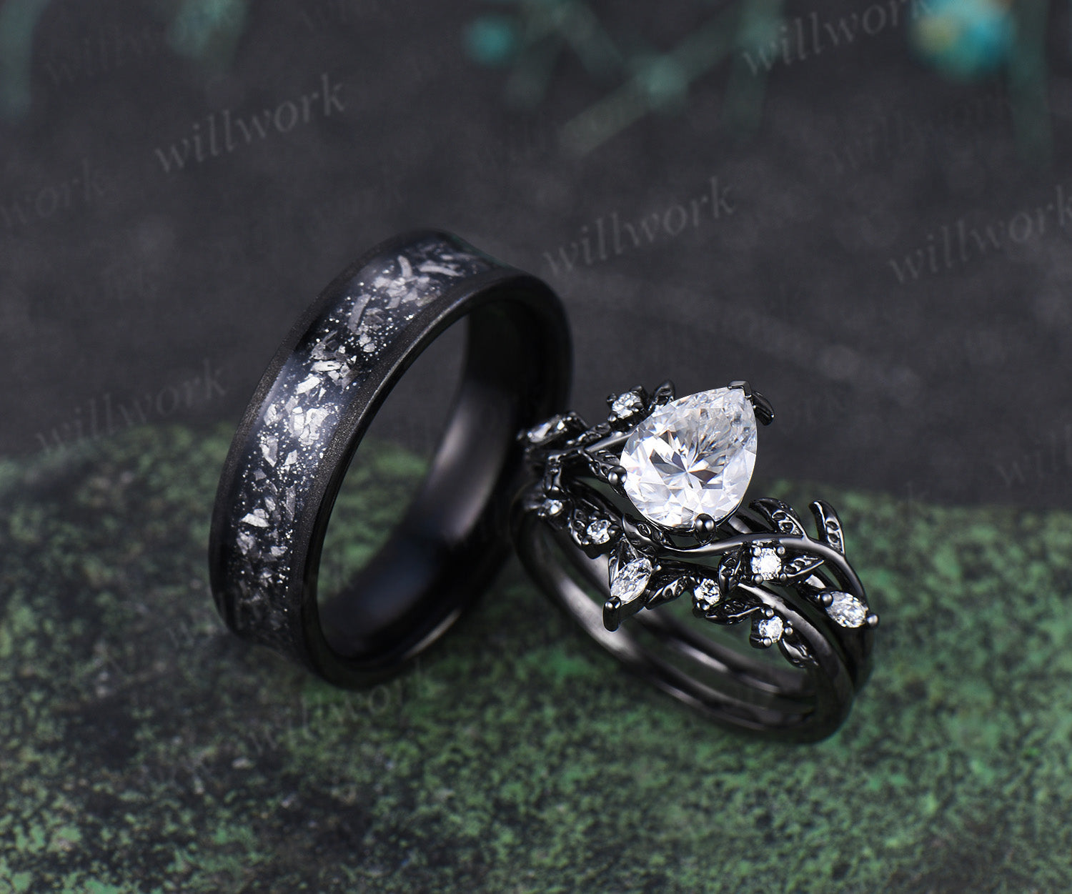 Nature Inspired Pear Moissanite Twig Leaf Bridal Ring Set & Men