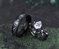 Nature Inspired Pear Moissanite Twig Leaf Bridal Ring Set & Men Tungsten Wedding Band Romantic Couple Jewelry Set