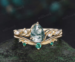 Pear cut moss agate ring twig vine leaf unique moissanites engagement ring yellow gold nature inspired emerald band bridal set
