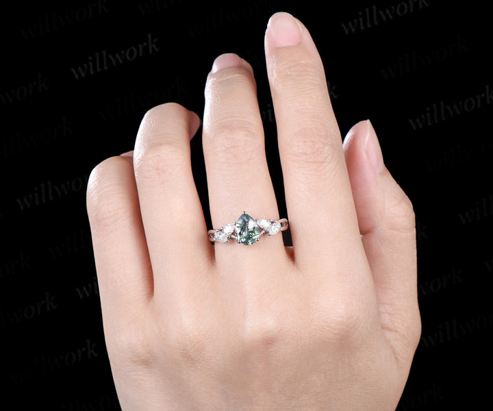 Pear cut natural moss agate ring pear moissanite cluster split shank engagement ring bridal promise ring jewelry gifts