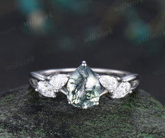 Pear cut natural moss agate ring pear moissanite cluster split shank engagement ring bridal promise ring jewelry gifts