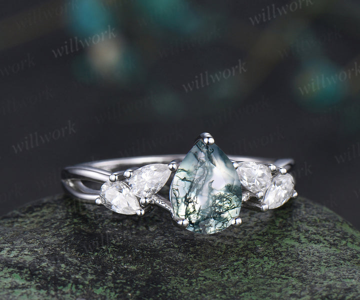 Pear cut natural moss agate ring pear moissanite cluster split shank engagement ring bridal promise ring jewelry gifts