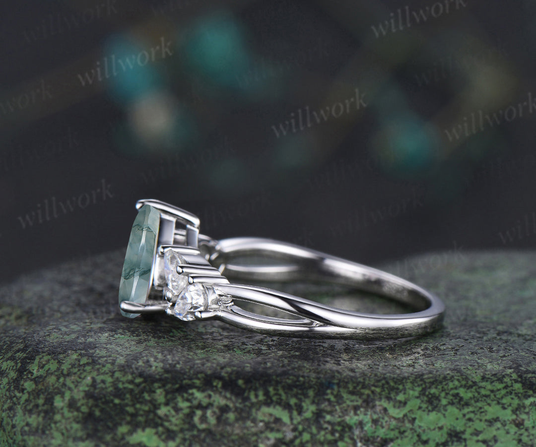 Pear cut natural moss agate ring pear moissanite cluster split shank engagement ring bridal promise ring jewelry gifts