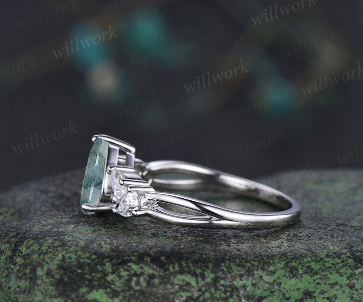 Pear cut natural moss agate ring pear moissanite cluster split shank engagement ring bridal promise ring jewelry gifts
