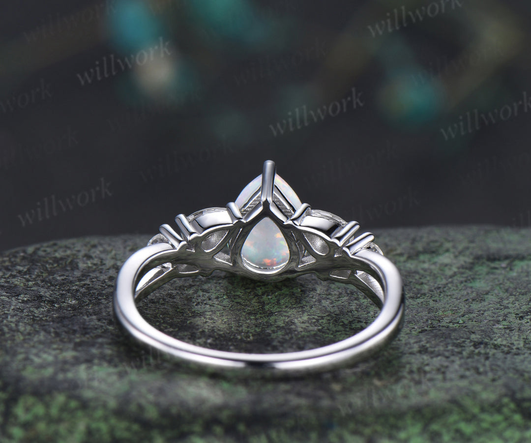 Pear cut opal engagement ring pear moissanite cluster split shank ring bridal unique bridal ring gifts for women