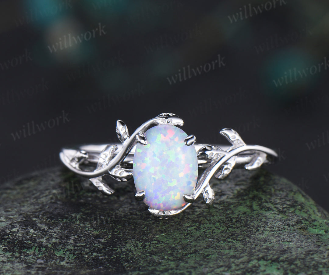 Oval cut opal engagement ring set white gold nature inspired branches leaf ring bee curved wedding band bridal jewelry gifts