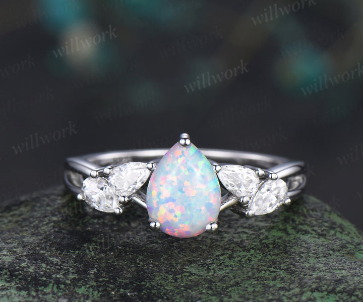 Pear cut opal engagement ring pear moissanite cluster split shank ring bridal unique bridal ring gifts for women